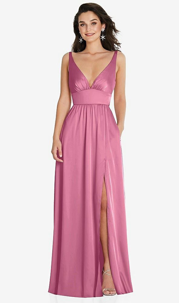 Front View - Orchid Pink Deep V-Neck Shirred Skirt Maxi Dress with Convertible Straps