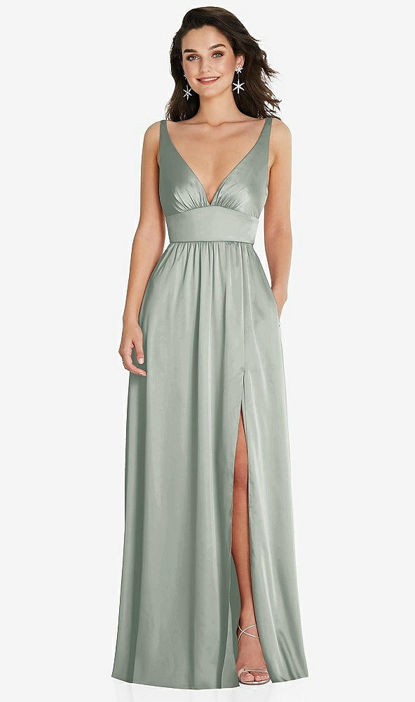 Front View - Willow Green Deep V-Neck Shirred Skirt Maxi Dress with Convertible Straps