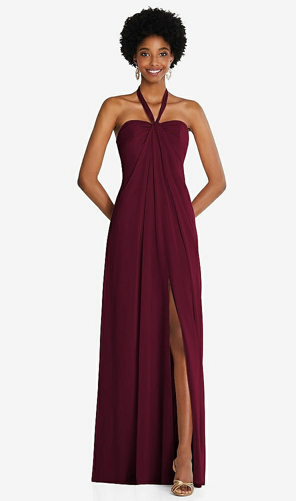Front View - Cabernet Draped Chiffon Grecian Column Gown with Convertible Straps