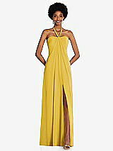 Front View Thumbnail - Marigold Draped Chiffon Grecian Column Gown with Convertible Straps