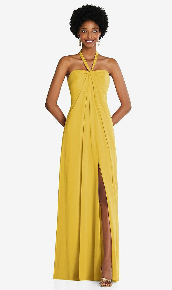 Front View - Marigold Draped Chiffon Grecian Column Gown with Convertible Straps