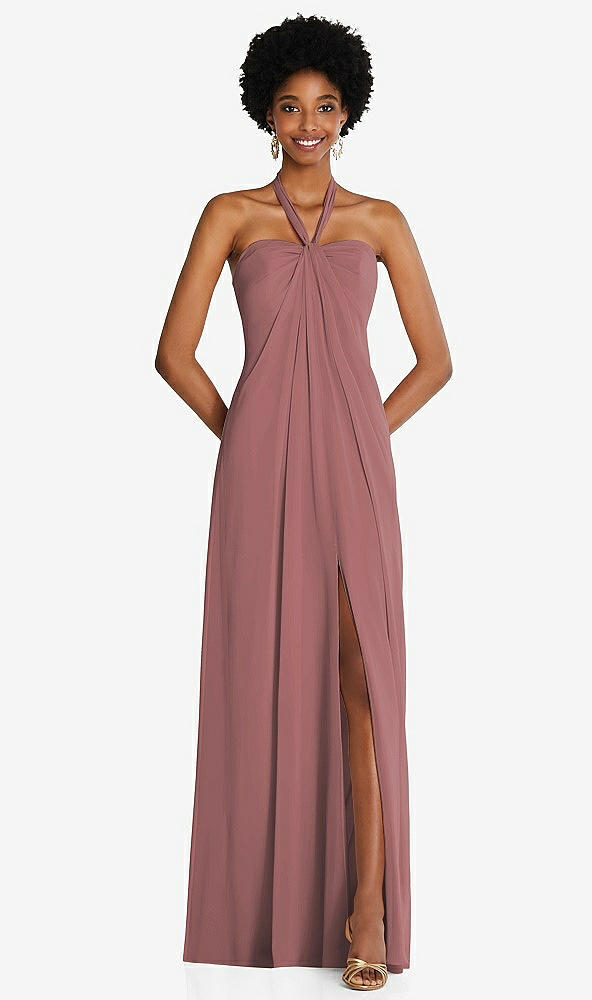 Front View - Rosewood Draped Chiffon Grecian Column Gown with Convertible Straps