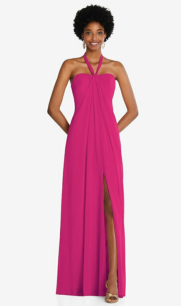 Front View - Think Pink Draped Chiffon Grecian Column Gown with Convertible Straps
