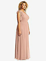 Side View Thumbnail - Pale Peach Draped One-Shoulder Maxi Dress with Scarf Bow