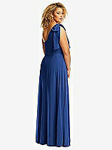 Rear View Thumbnail - Classic Blue Draped One-Shoulder Maxi Dress with Scarf Bow