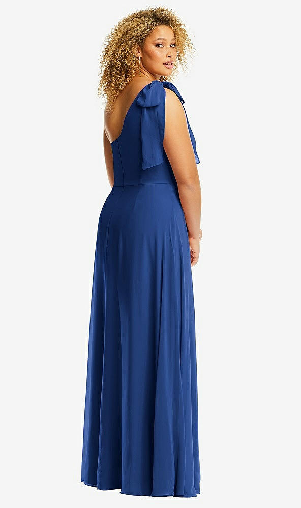 Back View - Classic Blue Draped One-Shoulder Maxi Dress with Scarf Bow