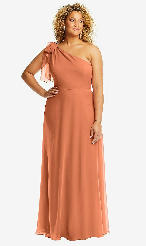 Front View - Sweet Melon Draped One-Shoulder Maxi Dress with Scarf Bow