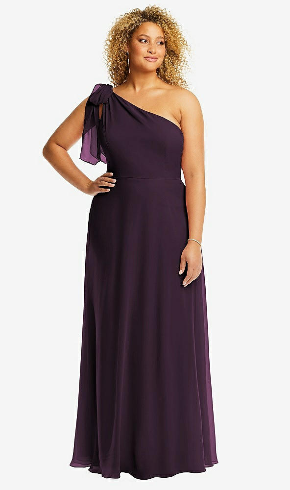 Front View - Aubergine Draped One-Shoulder Maxi Dress with Scarf Bow