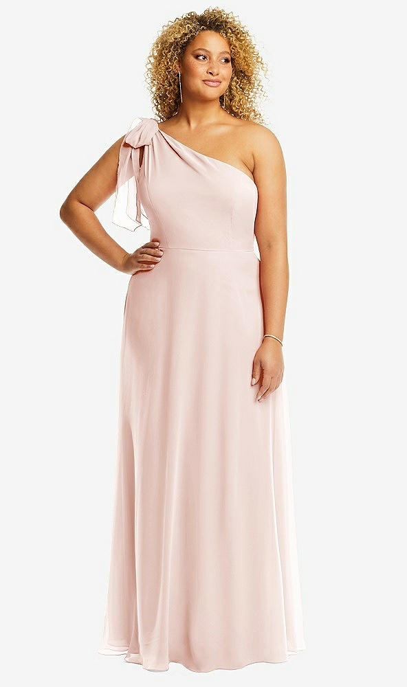 Front View - Blush Draped One-Shoulder Maxi Dress with Scarf Bow