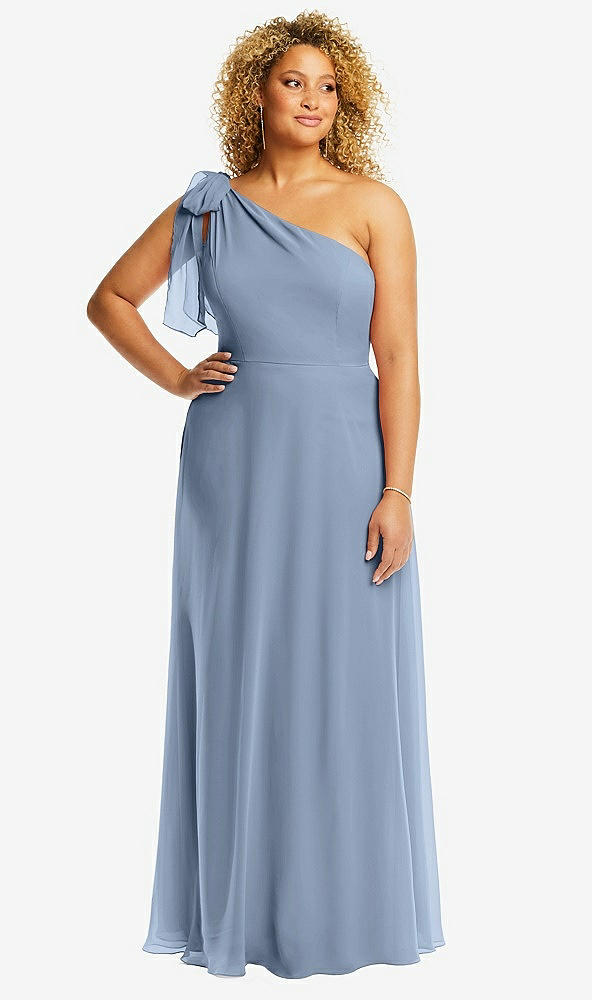 Front View - Cloudy Draped One-Shoulder Maxi Dress with Scarf Bow