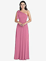 Alt View 1 Thumbnail - Orchid Pink Draped One-Shoulder Maxi Dress with Scarf Bow