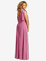 Rear View Thumbnail - Orchid Pink Draped One-Shoulder Maxi Dress with Scarf Bow