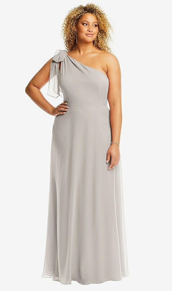 Front View - Oyster Draped One-Shoulder Maxi Dress with Scarf Bow