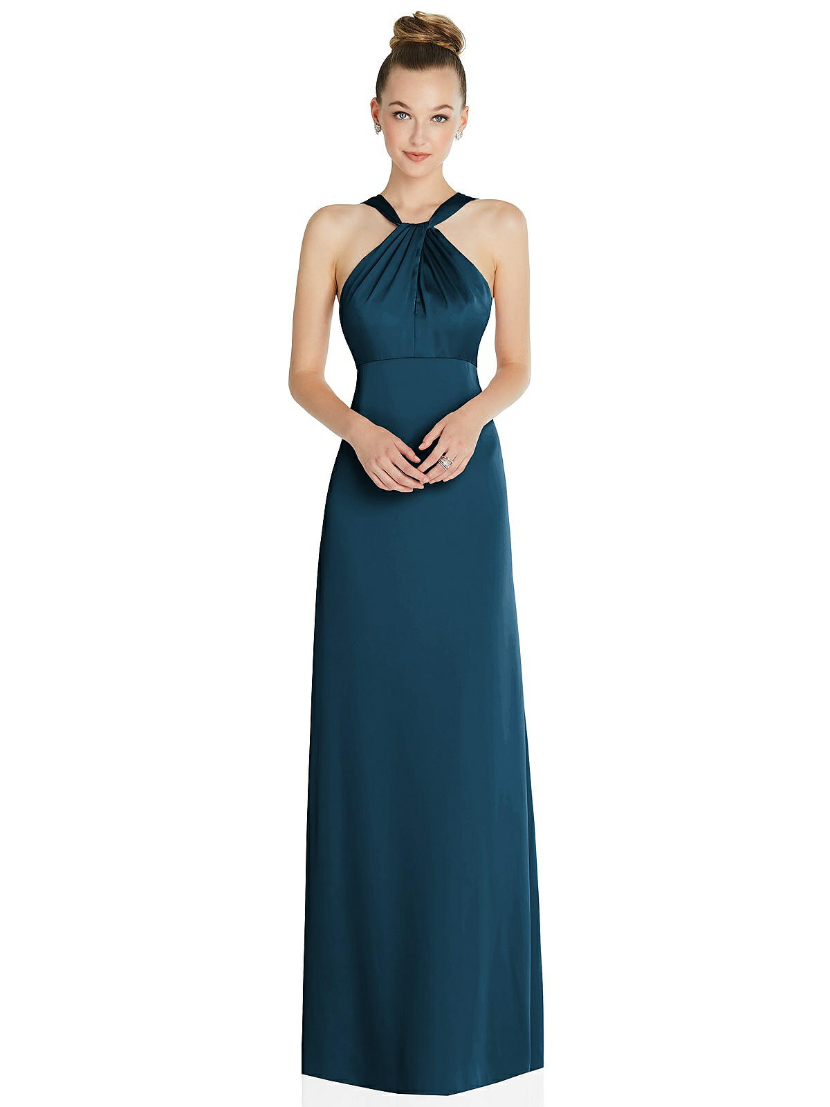 Draped Twist Halter Low-back Satin Empire Bridesmaid Dress In