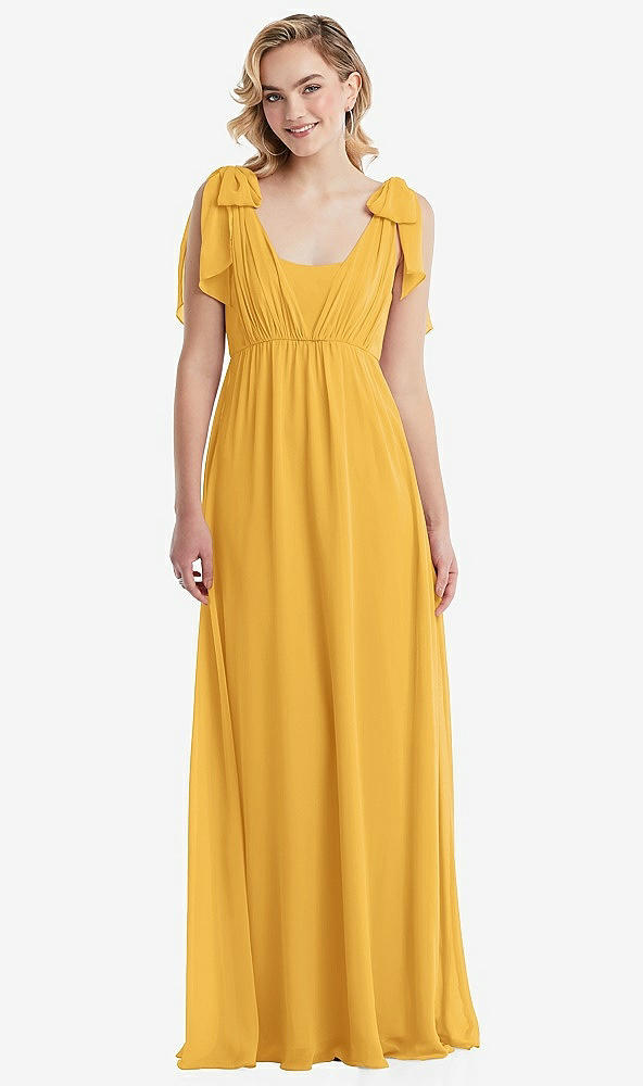 Front View - NYC Yellow Empire Waist Shirred Skirt Convertible Sash Tie Maxi Dress
