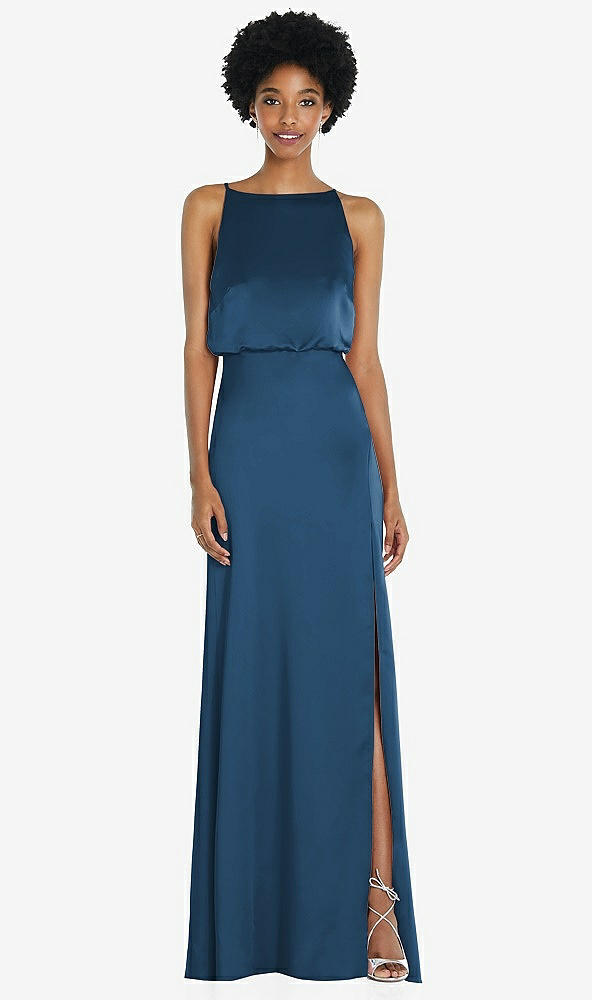 Back View - Dusk Blue High-Neck Low Tie-Back Maxi Dress with Adjustable Straps