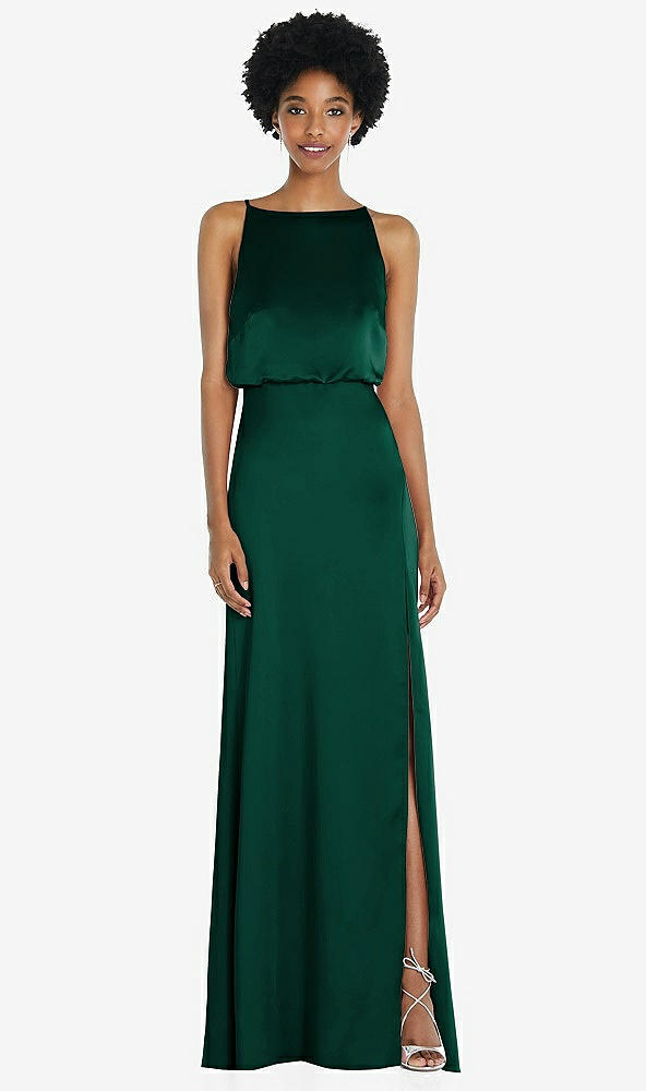 Back View - Hunter Green High-Neck Low Tie-Back Maxi Dress with Adjustable Straps