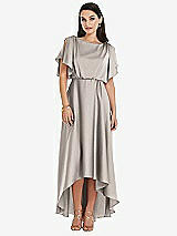 Front View Thumbnail - Taupe Blouson Bodice Deep V-Back High Low Dress with Flutter Sleeves