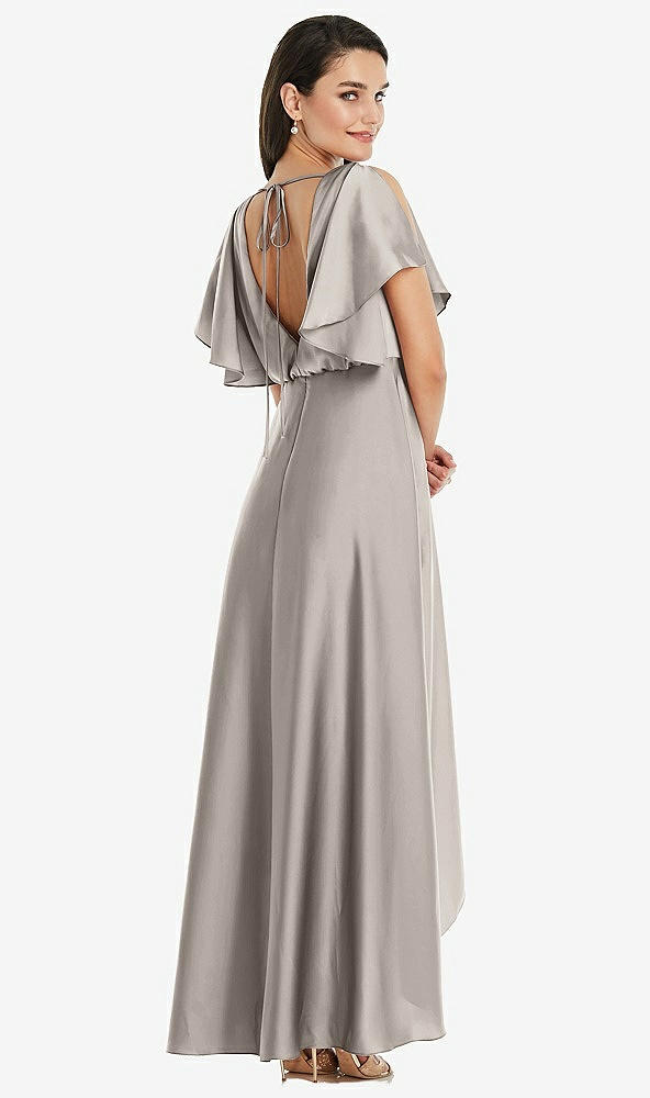 Back View - Taupe Blouson Bodice Deep V-Back High Low Dress with Flutter Sleeves