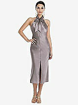 Front View Thumbnail - Cashmere Gray Scarf Tie Stand Collar Midi Bias Dress with Front Slit
