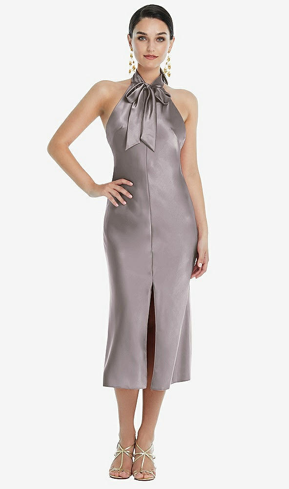 Front View - Cashmere Gray Scarf Tie Stand Collar Midi Bias Dress with Front Slit