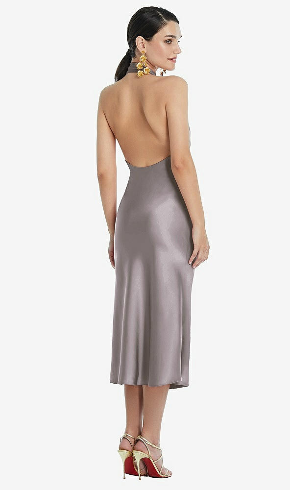 Back View - Cashmere Gray Scarf Tie Stand Collar Midi Bias Dress with Front Slit