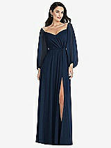 Alt View 1 Thumbnail - Midnight Navy Off-the-Shoulder Puff Sleeve Maxi Dress with Front Slit