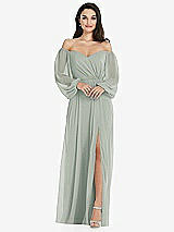 Side View Thumbnail - Willow Green Off-the-Shoulder Puff Sleeve Maxi Dress with Front Slit
