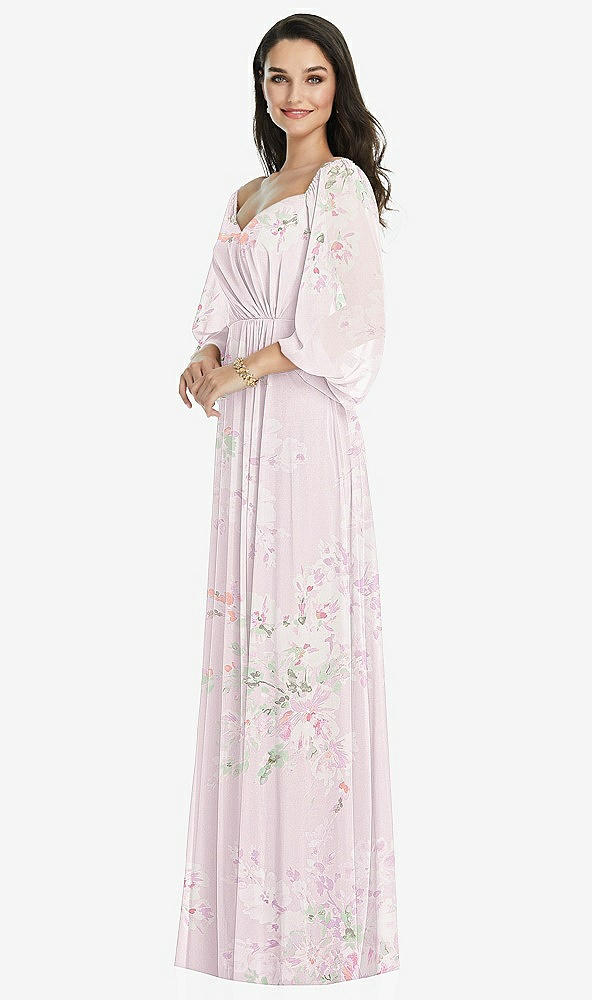 Front View - Watercolor Print Off-the-Shoulder Puff Sleeve Maxi Dress with Front Slit