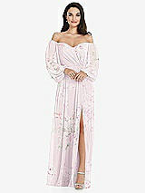 Side View Thumbnail - Watercolor Print Off-the-Shoulder Puff Sleeve Maxi Dress with Front Slit