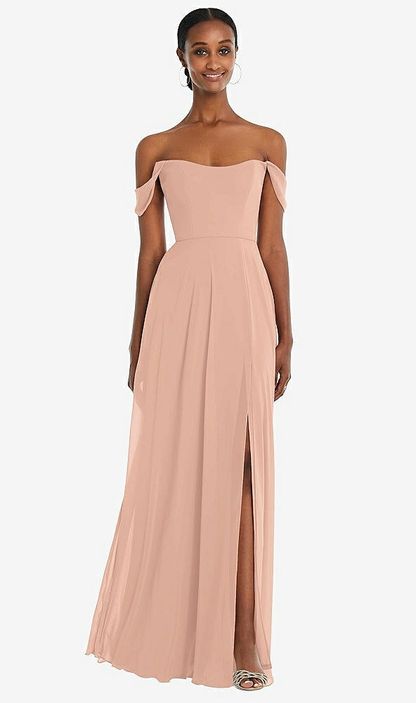 Front View - Pale Peach Off-the-Shoulder Basque Neck Maxi Dress with Flounce Sleeves