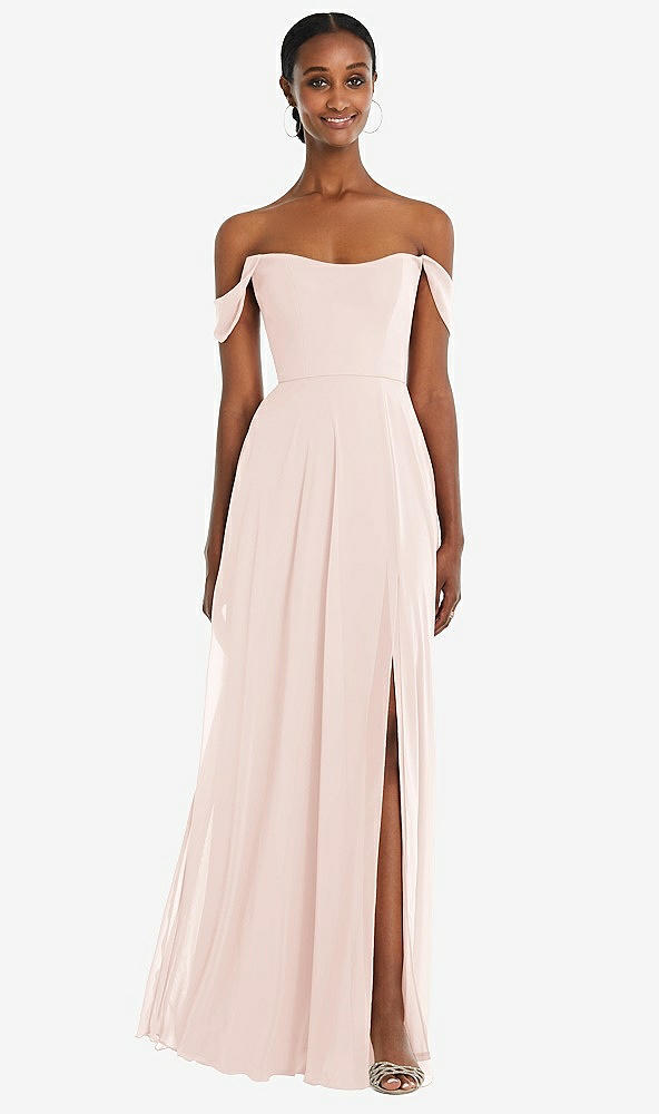 Front View - Blush Off-the-Shoulder Basque Neck Maxi Dress with Flounce Sleeves