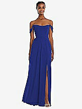 Front View Thumbnail - Cobalt Blue Off-the-Shoulder Basque Neck Maxi Dress with Flounce Sleeves