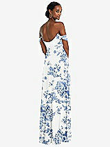 Rear View Thumbnail - Cottage Rose Dusk Blue Off-the-Shoulder Basque Neck Maxi Dress with Flounce Sleeves