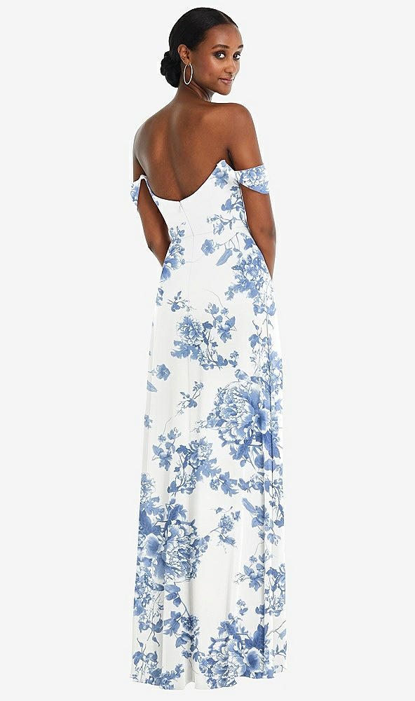 Back View - Cottage Rose Dusk Blue Off-the-Shoulder Basque Neck Maxi Dress with Flounce Sleeves