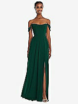 Front View Thumbnail - Hunter Green Off-the-Shoulder Basque Neck Maxi Dress with Flounce Sleeves