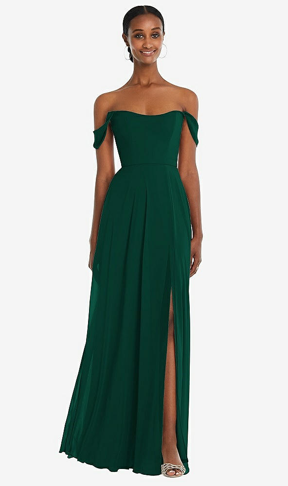 Front View - Hunter Green Off-the-Shoulder Basque Neck Maxi Dress with Flounce Sleeves