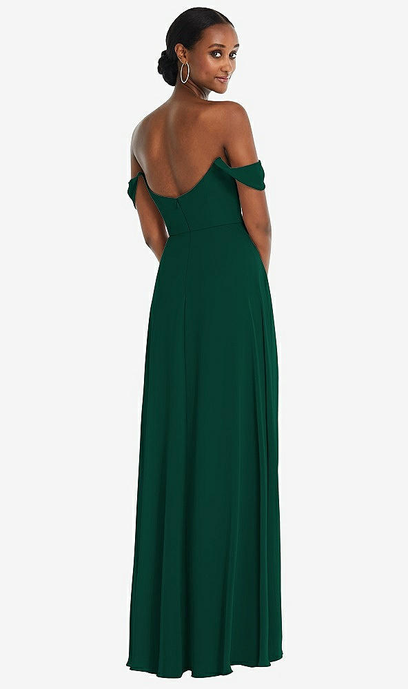 Back View - Hunter Green Off-the-Shoulder Basque Neck Maxi Dress with Flounce Sleeves