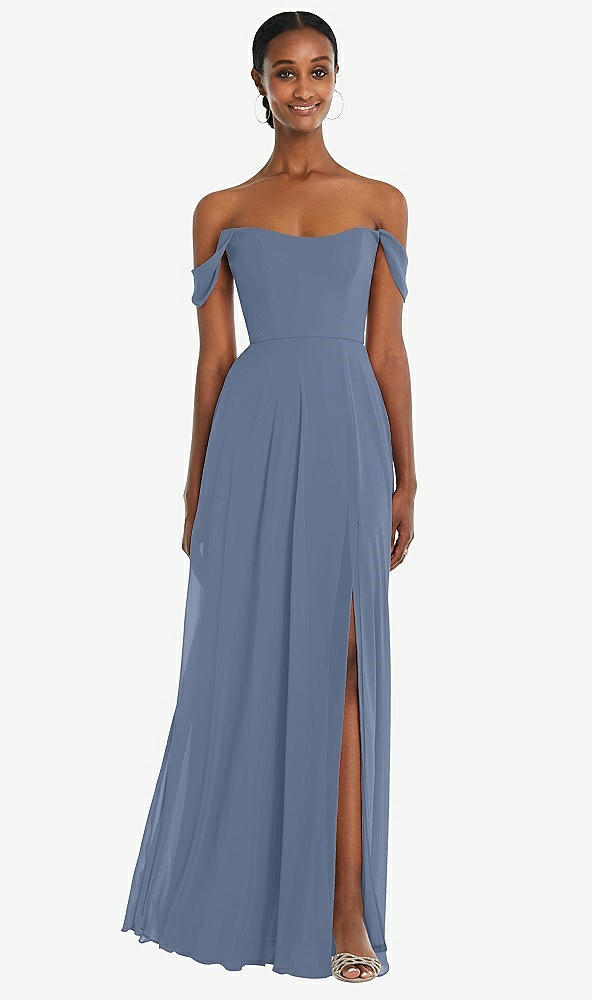 Front View - Larkspur Blue Off-the-Shoulder Basque Neck Maxi Dress with Flounce Sleeves