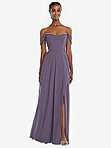 Front View Thumbnail - Lavender Off-the-Shoulder Basque Neck Maxi Dress with Flounce Sleeves