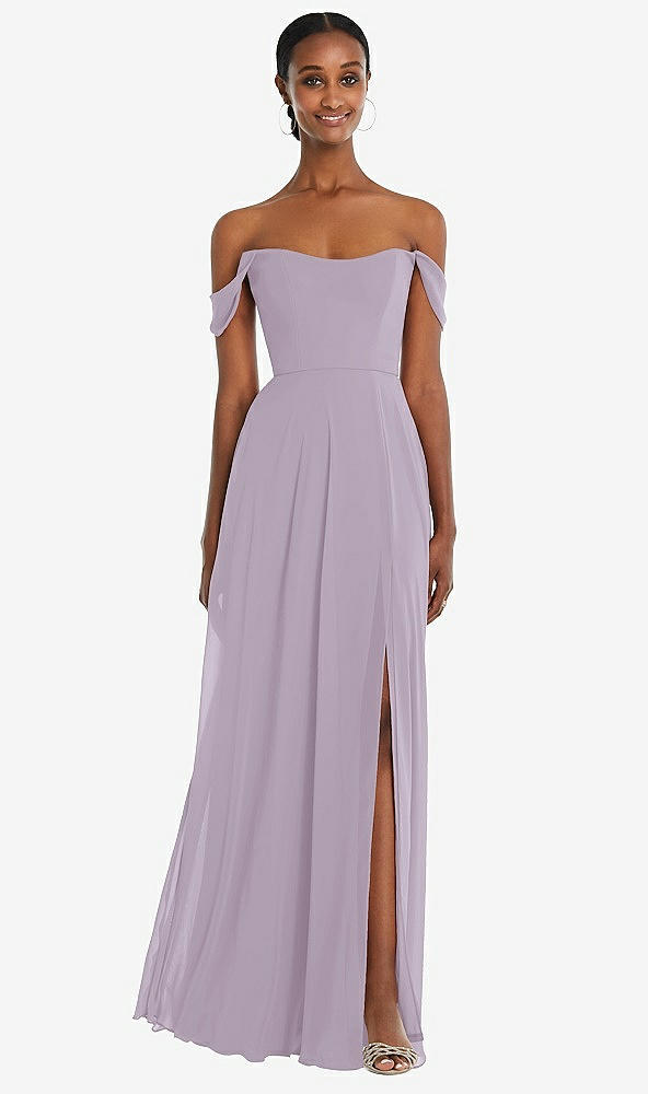 Front View - Lilac Haze Off-the-Shoulder Basque Neck Maxi Dress with Flounce Sleeves