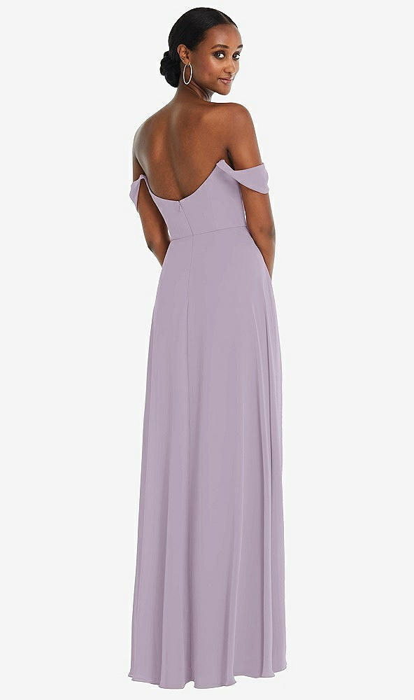 Back View - Lilac Haze Off-the-Shoulder Basque Neck Maxi Dress with Flounce Sleeves