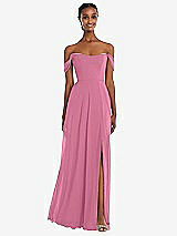 Front View Thumbnail - Orchid Pink Off-the-Shoulder Basque Neck Maxi Dress with Flounce Sleeves