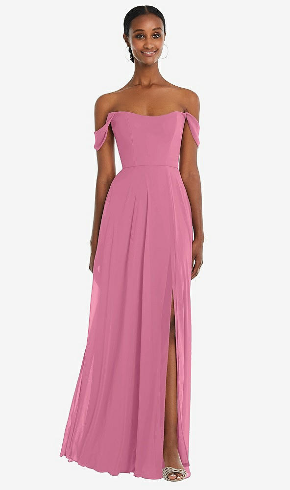 Front View - Orchid Pink Off-the-Shoulder Basque Neck Maxi Dress with Flounce Sleeves