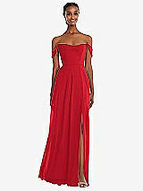 Front View Thumbnail - Parisian Red Off-the-Shoulder Basque Neck Maxi Dress with Flounce Sleeves
