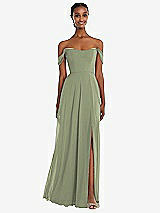 Front View Thumbnail - Sage Off-the-Shoulder Basque Neck Maxi Dress with Flounce Sleeves