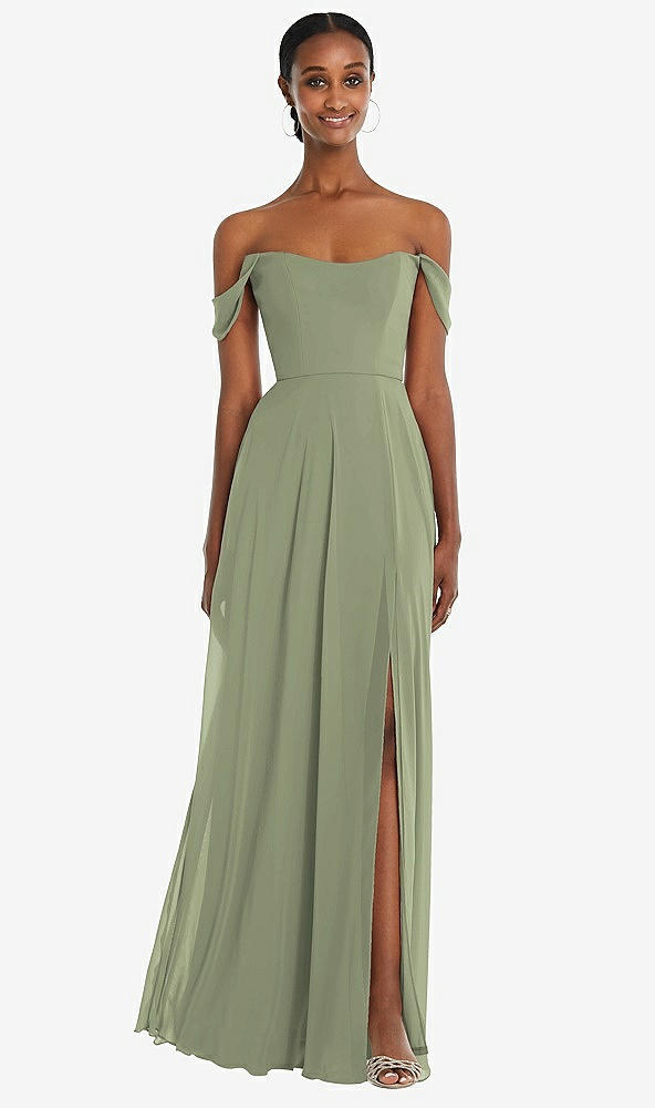 Front View - Sage Off-the-Shoulder Basque Neck Maxi Dress with Flounce Sleeves
