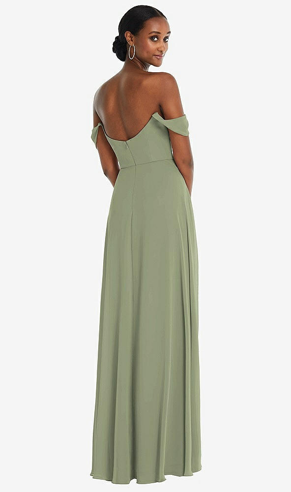 Back View - Sage Off-the-Shoulder Basque Neck Maxi Dress with Flounce Sleeves