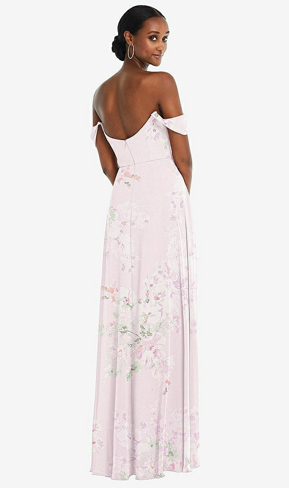 Back View - Watercolor Print Off-the-Shoulder Basque Neck Maxi Dress with Flounce Sleeves