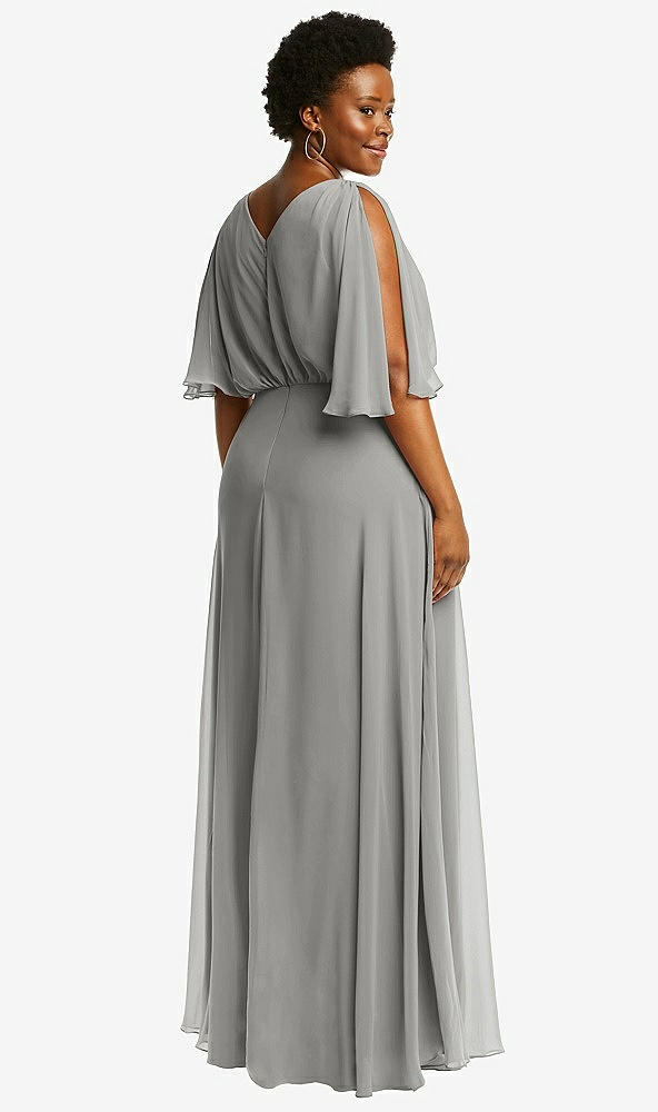 Back View - Chelsea Gray V-Neck Split Sleeve Blouson Bodice Maxi Dress